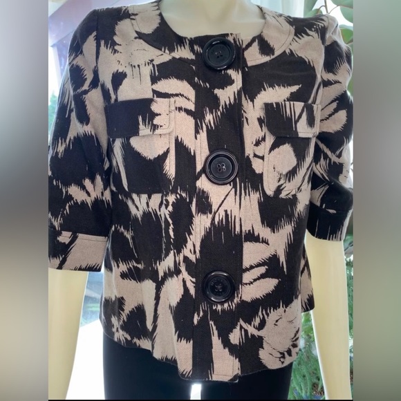 Micheal by Micheal Kors, Cropped Linen Jacket, Brown Floral, 3/4 Sleeves, Large - Picture 1 of 8
